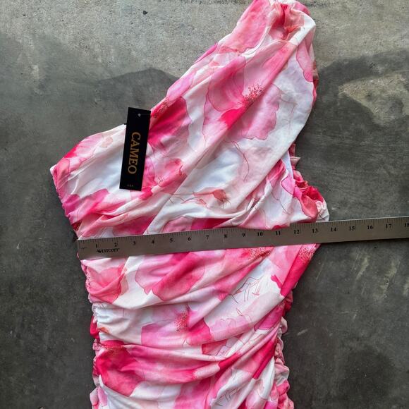 Cameo Ruched Mesh One Shoulder Maxi Dress Women's L Fuschia Floral Print - Picture 10 of 12